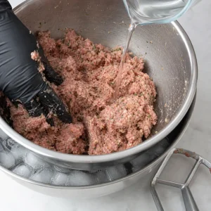 Ground pork mixed with seasonings and ice cold liquid until sticky