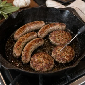 Homemade pork sausage links and patties cooking in a skillet until browned