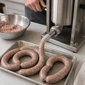 Homemade pork sausage mixture filled into casings and twisted into links