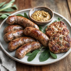 Savory homemade sage and garlic pork sausage links and patties