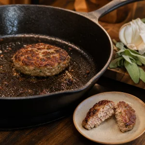 Small sausage patty fried in a skillet to check seasoning