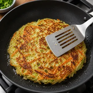 Ein gewendeter Kohlpfannkuchen wird mit breitem Pfannenwender sanft gedrueckt, bis beide Seiten knusprig sind.