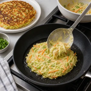 Ein zweiter Kohlpfannkuchen wird in der Pfanne geformt, waehrend der erste daneben ruht.