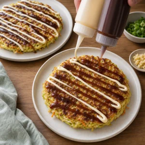 Gegarte Kohlpfannkuchen mit Okonomiyaki-Sauce und japanischer Mayo in Zickzacklinien.