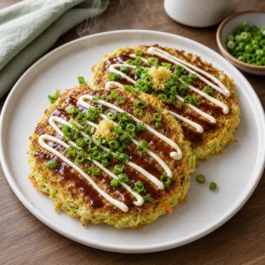 Fertige japanische Kohlpfannkuchen mit geschnittenen Fruehlingszwiebeln, heiss serviert.