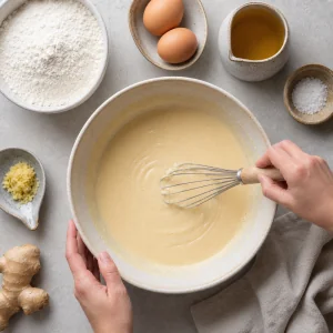 Mehl, Eier, Dashi, Salz und geriebener Ingwer werden zu einem glatten Teig fuer Kohlpfannkuchen verquirlt.