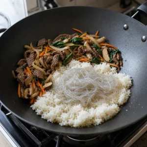Riz cuit et nouilles de verre ajoutes sur un cote du wok