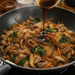 Sauce soja sesame foncee versee sur riz et nouilles de verre dans un wok