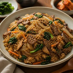 Riz saute japchae termine garni de graines de sesame grillees