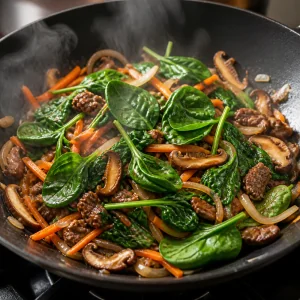Epinards frais qui tombent dans un wok avec boeuf et legumes