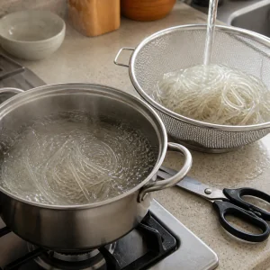Nouilles de verre egouttees pres d'une casserole d'eau bouillante