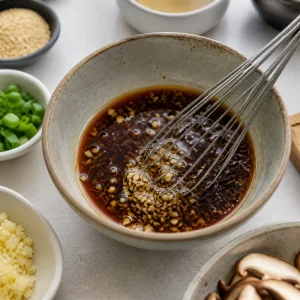 Sauce soja sesame avec ail hache fouettee dans un bol