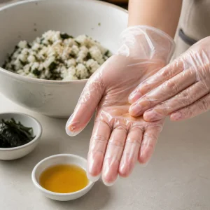 Luvas descartáveis levemente untadas com óleo de gergelim antes de moldar os bolinhos de arroz.