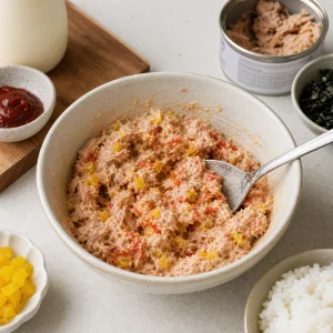 Atum escorrido misturado com maionese, molho de pimenta e rabanete em conserva picado.