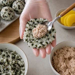 Arroz temperado achatado na mão enluvada com recheio cremoso de atum.