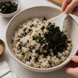 Flocos de alga tostada misturados ao arroz temperado.