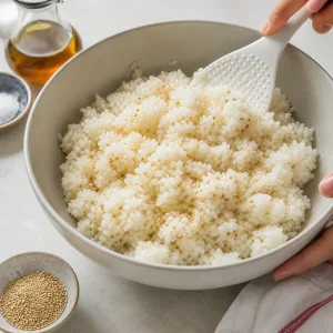 Óleo de gergelim, sementes tostadas e sal envolvidos no arroz morno.