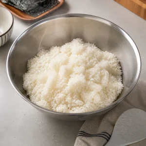 Arroz de grão curto morno colocado em uma tigela grande para jumeokbap.