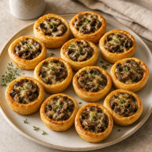 Baked mini mushroom Gruyere tartelettes puffed and golden brown.