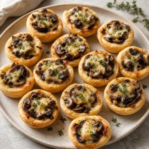 Finished savory mini mushroom tartelettes with thyme and melted Gruyere on golden puff pastry.