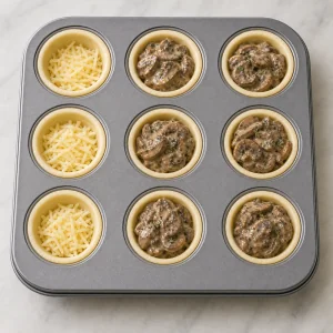 Gruyere and creamy mushroom filling spooned into the pastry cups.