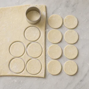 Puff pastry rolled out and cut into small circles for tartlette shells.