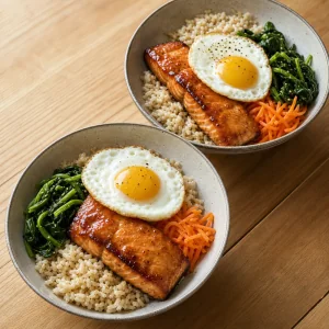 Brown rice bowls topped with spinach, carrot, salmon, and egg