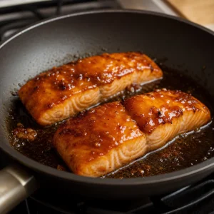 Caramelized miso salmon finishing in the skillet