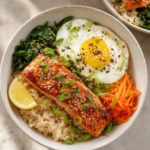 Finished miso salmon breakfast bowl with scallions, sesame, and lemon