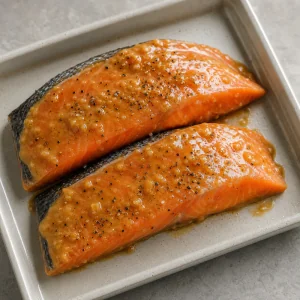 Miso glaze spooned over seasoned salmon fillets