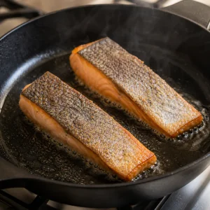 Salmon fillets searing skin-side down in a skillet