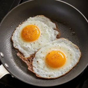 Sunny-side-up eggs frying with runny yolks