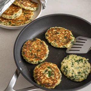 Golden spinach ricotta pancakes cooking in a skillet