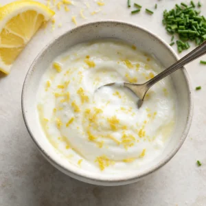 Lemon yogurt sauce with zest in a small bowl