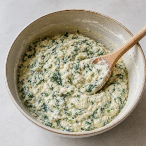 Thick spinach ricotta pancake batter in a bowl