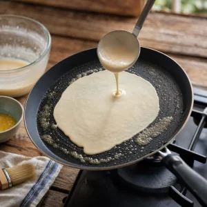 Ciasto naleśnikowe cienko rozlane na maślanej patelni