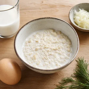 Semmelbroesel weichen in Milch ein, daneben Ei, geriebene Zwiebel und frischer Dill