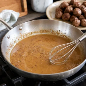 Gebraeunte Pfannensauce wird mit Rinderbruehe glatt geruehrt
