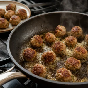 Fleischbaellchen braeunen in Butter und Olivenoel in einer Pfanne
