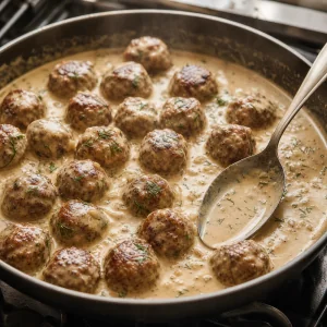 Skandinavische Fleischbaellchen koecheln in cremiger Dillsauce