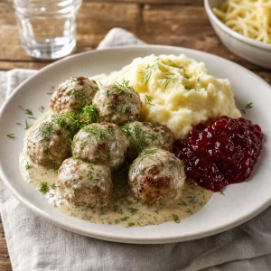 Skandinavische Fleischbaellchen mit Dill-Sahne-Sauce, Kartoffelpueree und Preiselbeeren