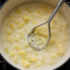 Cooked potatoes being mashed in the soup pot to thicken the broth