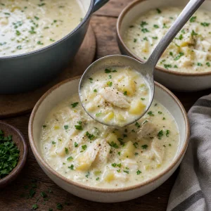 Finished Cullen skink ladled into bowls and topped with parsley