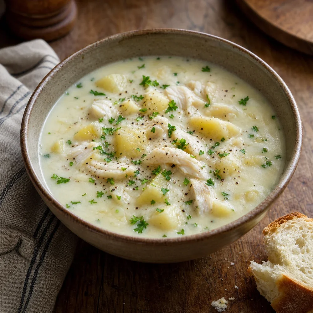 Finished Cullen skink soup with smoked haddock, potatoes, and parsley