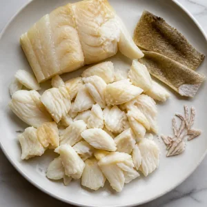 Poached smoked haddock flaked into large pieces with skin set aside