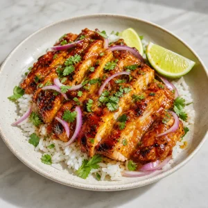 Poulet glace a la goyave servi avec des quartiers de citron vert