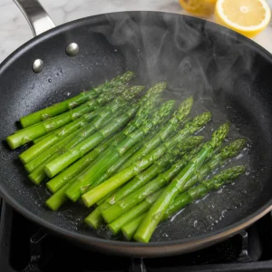 Gruener Spargel dampft in einer Pfanne mit Zitrone