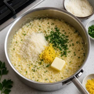 Parmesan, Zitronenschale, Petersilie und Butter auf cremigem Risotto