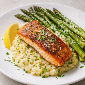 Gebratener Lachs auf Zitronen-Kraeuter-Risotto mit Spargel
