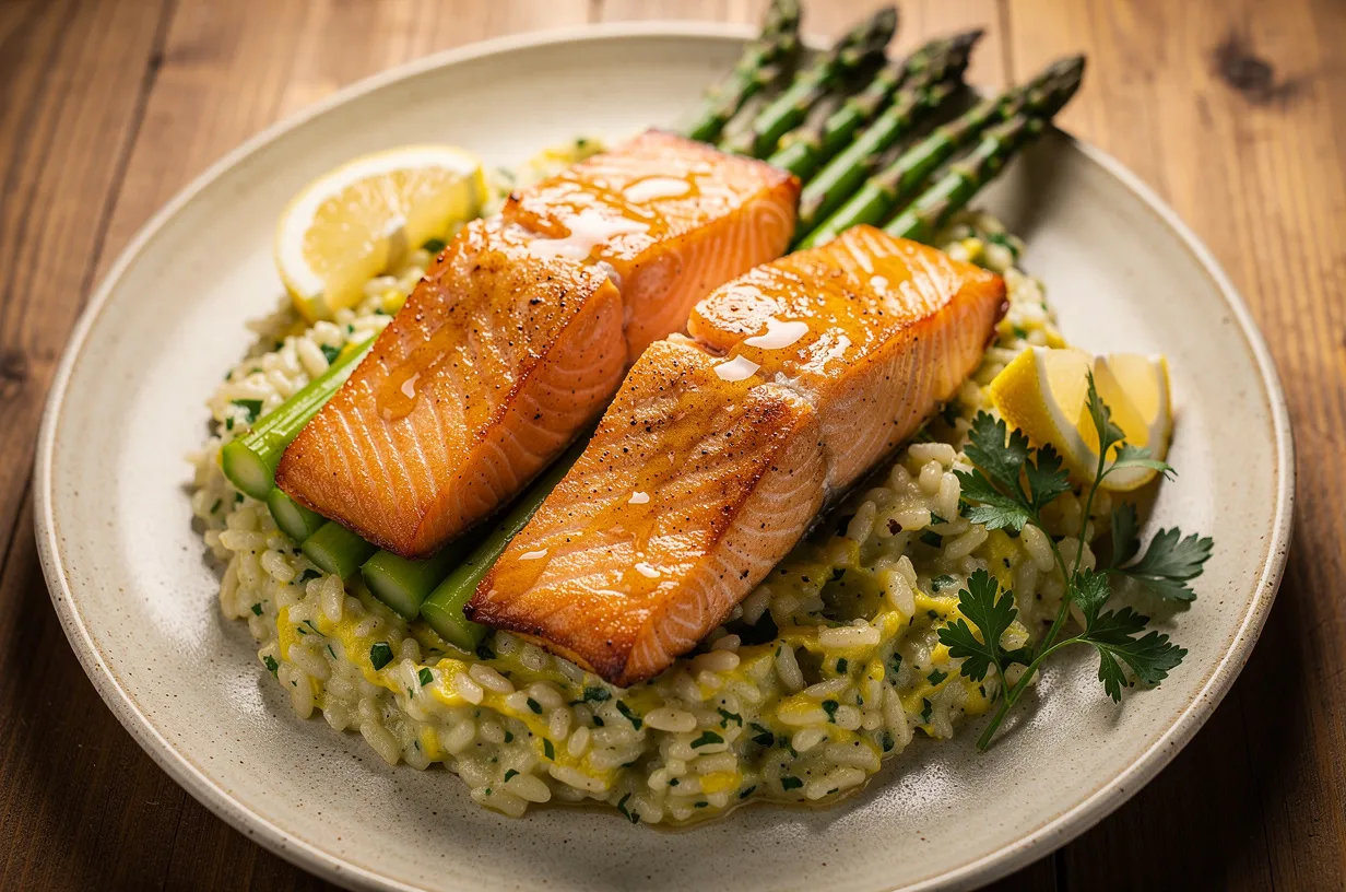 Knuspriger Lachs mit Zitronen-Kräuter-Risotto für zwei